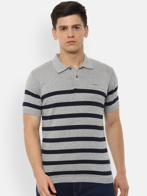 

Van Heusen Men Grey Striped Polo Collar Pure Cotton T-shirt