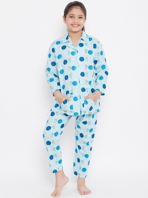 

Baani Creations Girls Blue & Green Polka Dot Printed Night suit