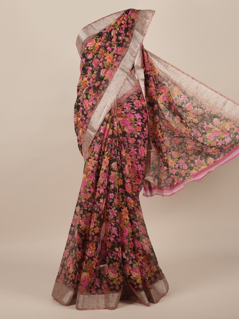 

Pothys Navy Blue & Pink Jute Silk Floral Printed Saree