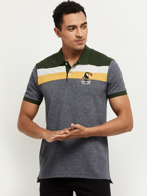 

max Men Green Slim Fit Striped Polo Collar T-shirt