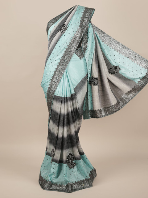

Pothys Blue Solid Embellished Jute Silk Saree