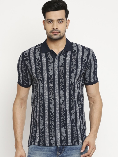 

Mufti Men Navy Blue Striped Polo Collar T-shirt