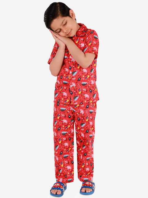 

KID1 Boys Red & Navy Blue Printed Night suit