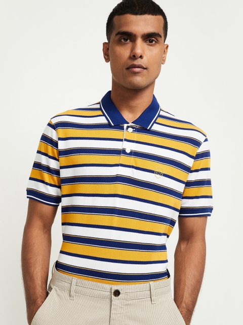 

max Men Yellow & White Striped Polo Collar Slim Fit T-shirt