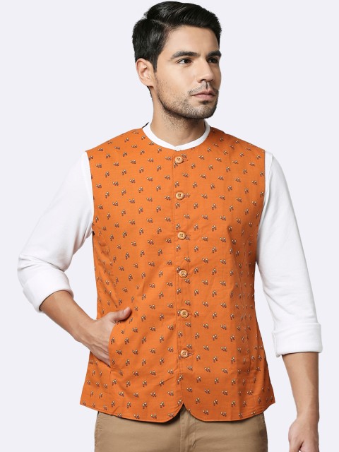 

Bewakoof Men Orange & Brown Printed Pure Cotton Nehru Jacket