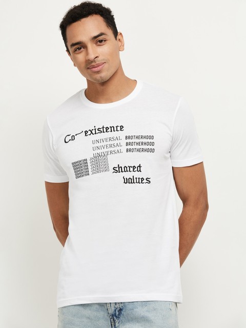 

max Men White Printed Round Neck Cotton T-shirt