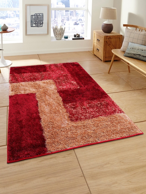 

ROMEE Maroon & Peach-Coloured Geometric Patterned Heavy-Shaggy Anti-Skid Carpet