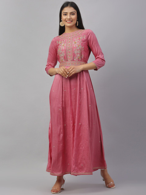

ANAISA Women Pink Flared Chanderi Embroidery Maxi Dress With Embroidery Belt