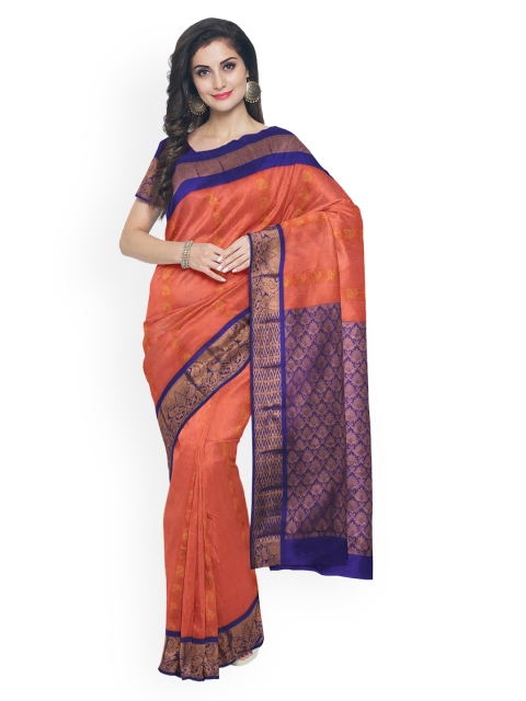 

Kalamandir Peach-Coloured & Blue Silk Blend Woven Design Chanderi Saree