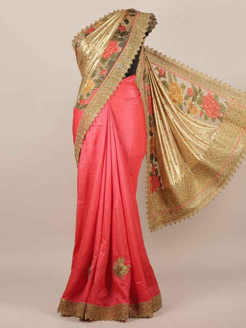 

Pothys Pink & Golden Poly Chiffon Embellished Saree