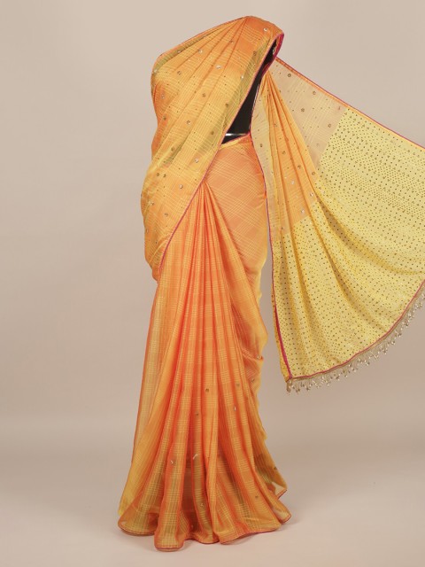 

Pothys Yellow & Pink Poly Chiffon Checked Saree