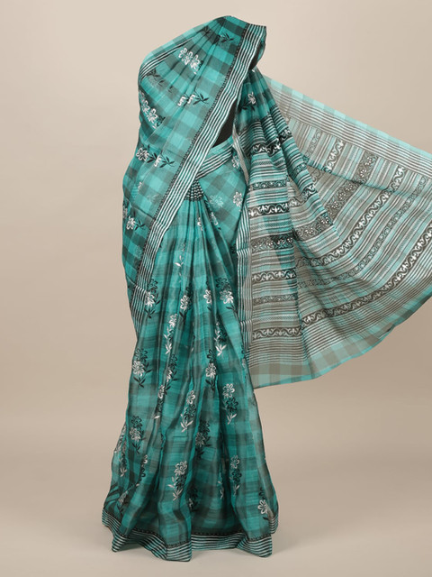 

Pothys Blue & Grey Jute Silk Checked Saree