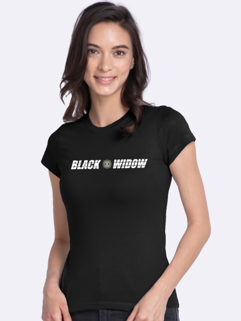 

Bewakoof Women Black Black Widow Printed Round Neck Cotton T-shirt