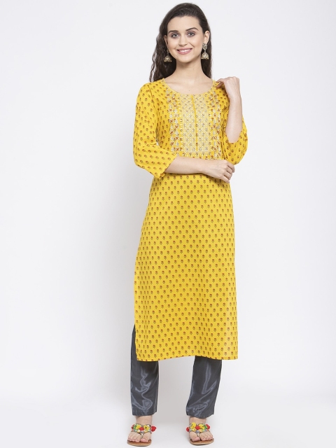 

ANAISA Women Mustard Yellow Printed Kurta with Embroidered Detail