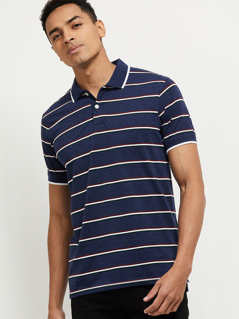 

max Men Blue Striped Polo Collar T-shirt