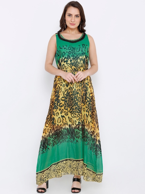 

Heart 2 Heart Women Green & Yellow Animal Printed Maxi Dress