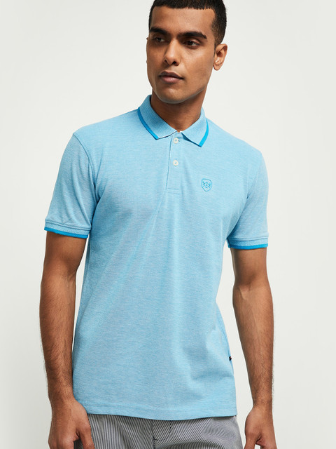 

max Men Blue Solid Polo Collar Slim Fit Cotton Pure Cotton T-shirt