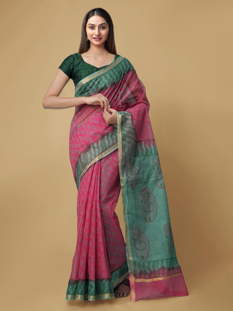 

Unnati Silks Pink & Green Pure Cotton Printed Kota Saree
