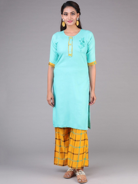 

KLM Fashion Mall Women Turquoise Blue & Yellow Solid Kurta with Palazzos