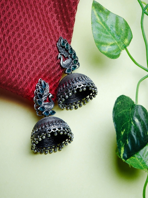 

ZeroKaata Silver-Plated & Green Peacock Shaped Jhumkas