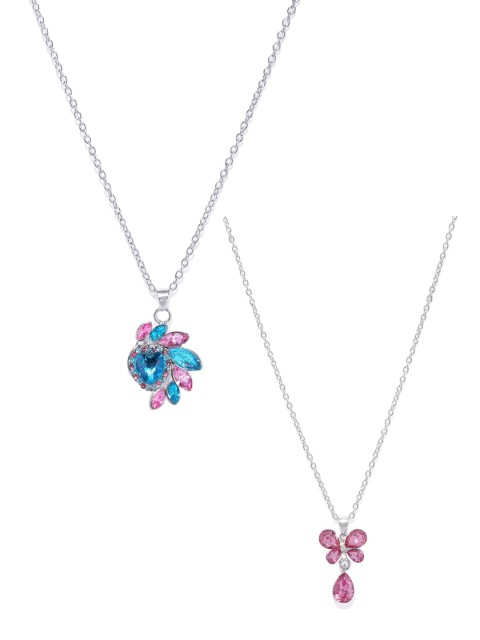 

Mahi Set Of 2 Rhodium-Plated Butterfly & Heart-Shaped Pendants With Chains, Blue