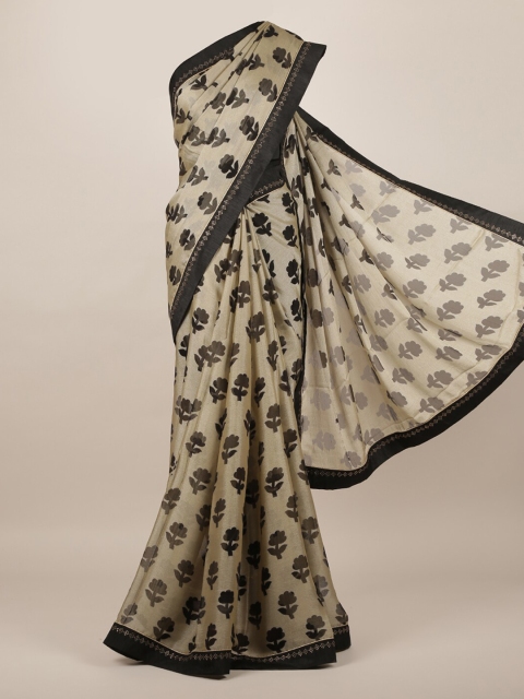 

Pothys Cream-Coloured & Black Jute Silk Floral Printed Saree
