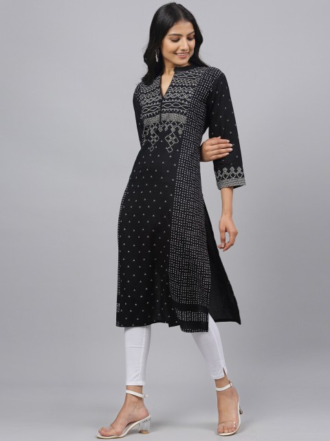 

ANAISA Women Black & White Geometric Printed Straight Kurta