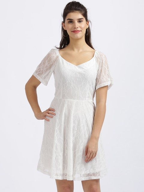 

Zink London Women White Lace Self Design Fit and Flare Styled Back Dress