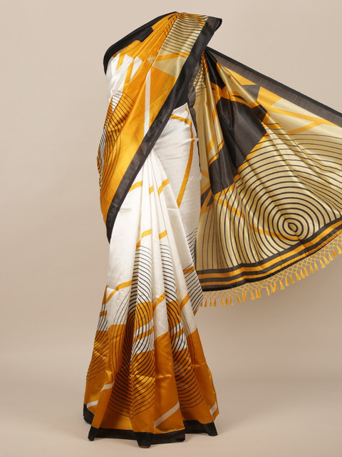 

Pothys Cream-Coloured & Mustard Jute Silk Printed Saree