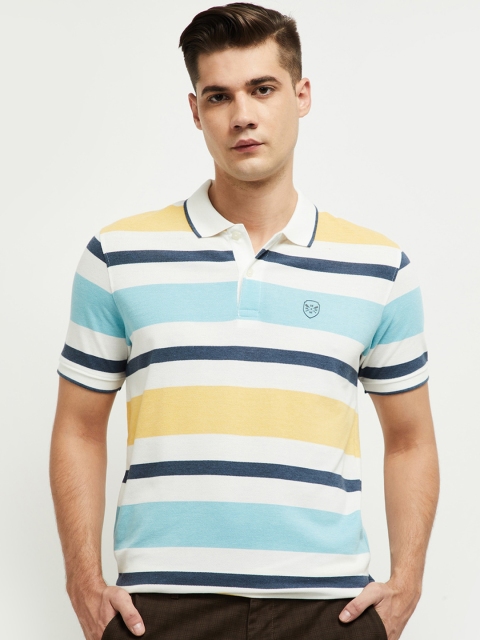 max Men White Striped Polo Collar T-shirt