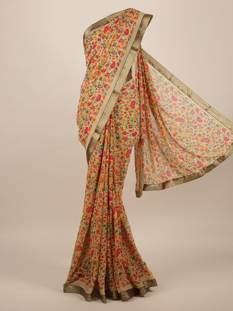 

Pothys Cream-Coloured & Orange Poly Chiffon Printed Saree