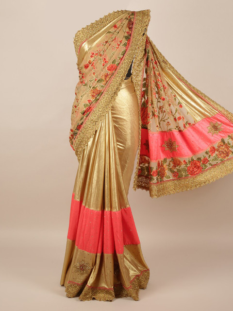 

Pothys Gold-Toned & Pink Jute Silk Printed Saree