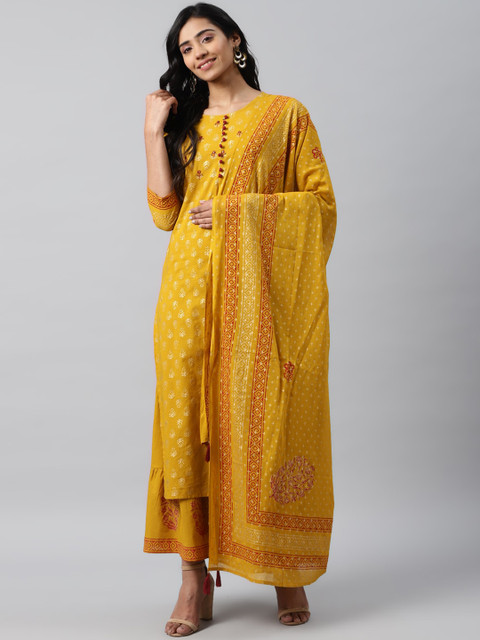 

Yufta Women Mustard Yellow Printed Kurta with Palazzos & Dupatta