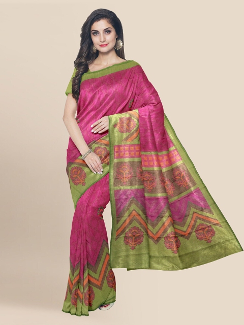 

Kalamandir Pink & Green Silk Blend Printed Banarasi Saree