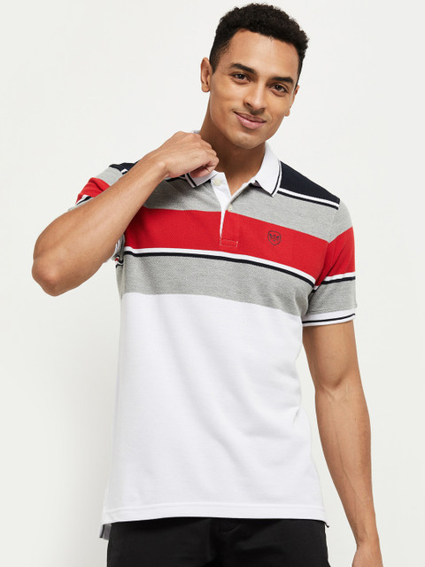 

max Men White & Grey Striped Polo Collar T-shirt