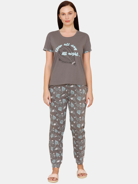 

Zivame Women Grey & Blue Printed T-Shirt And Pyjamas