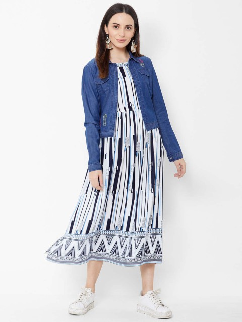 

ZOLA Women Blue & White Printed A-Line Dress with Jacket