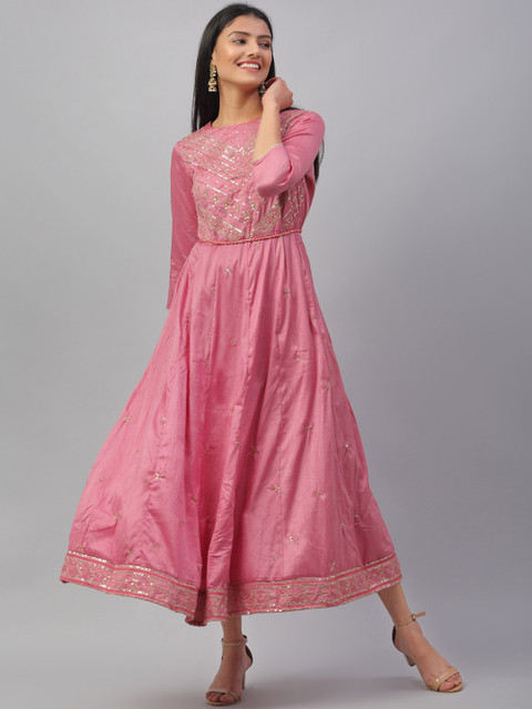 

ANAISA Women Pink Chanderi Embellished Silk Maxi Dress