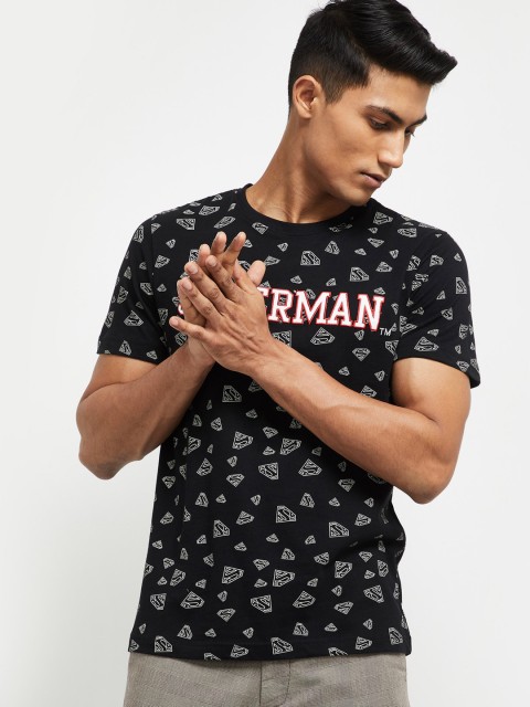 

max Men Black Superman Printed Cotton Round Neck T-shirt