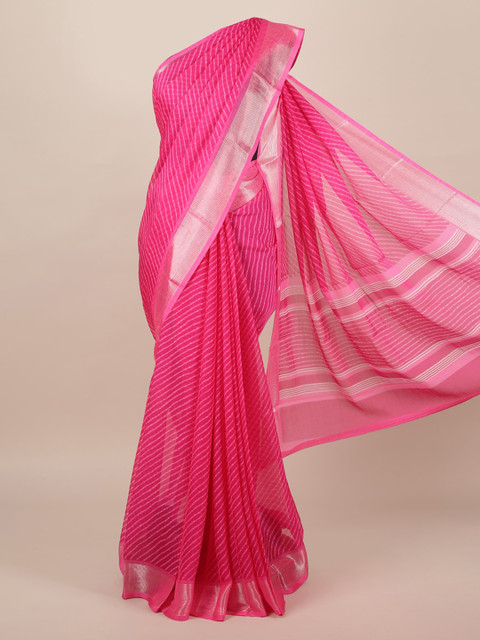 

Pothys Pink & Silver-Toned Poly Chiffon Striped Saree