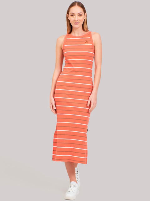 

Beverly Hills Polo Club Women Orange Striped T-shirt Dress