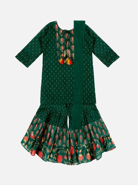 

SALWAR STUDIO Girls Green Printed Kurta with Sharara & Dupatta