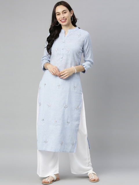 

Neerus Women Blue Floral Embroidered Chikankari Kurta