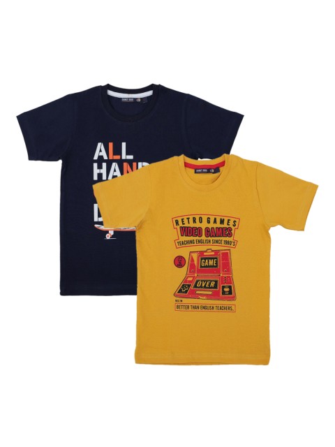 

Pothys Boys Pack of 2 Blue & Mustard Printed Round Neck T-shirt