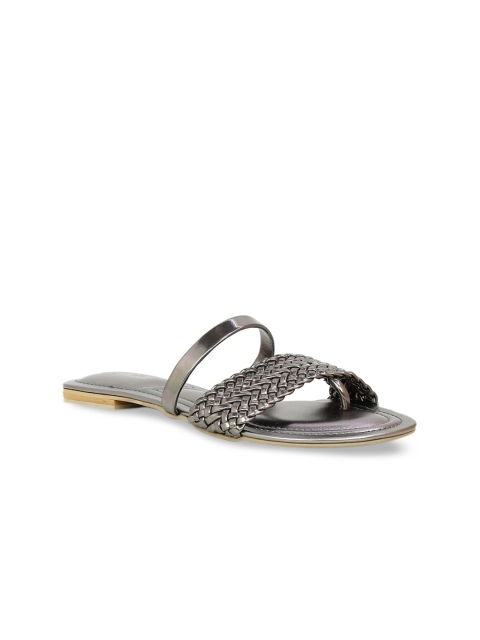 

Inc 5 Women Gunmetal-Toned Woven Design Open Toe Flats, Metallic