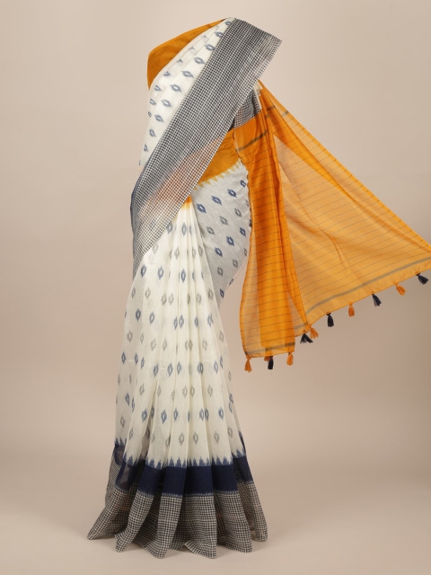 

Pothys Cream-Coloured & Navy Blue Jute Silk Woven Design Saree