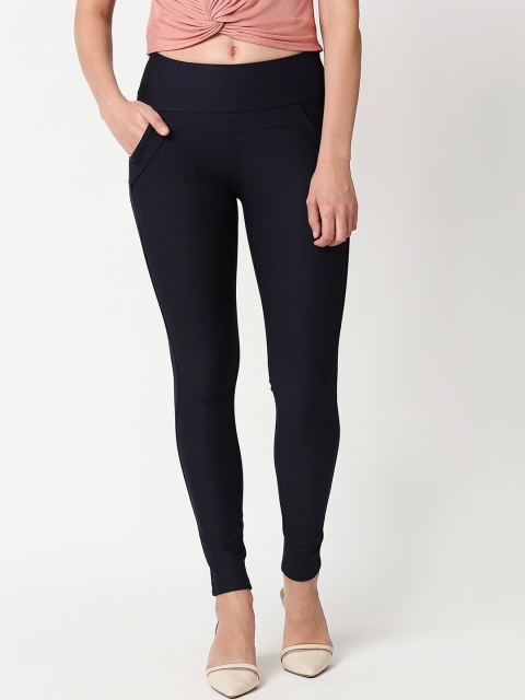 

fungus Women Navy Blue Solid Slim-Fit Treggings