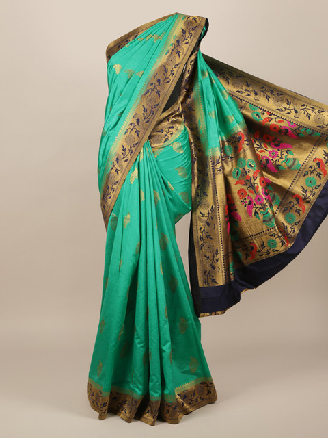 

Pothys Green & Gold-Toned Jute Silk Woven Design Saree