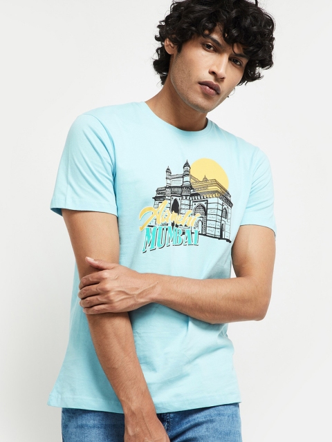

max Men Blue Printed Round Neck Cotton T-shirt