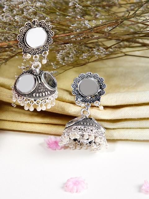 

ZeroKaata Silver-Toned Dome Shaped Oxidized Jhumkas